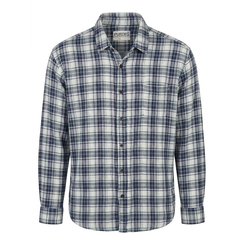 Purnell Mens XL Plaid Double Cloth 100% Cotton‎ Shirt Blue Green Long Sleeve